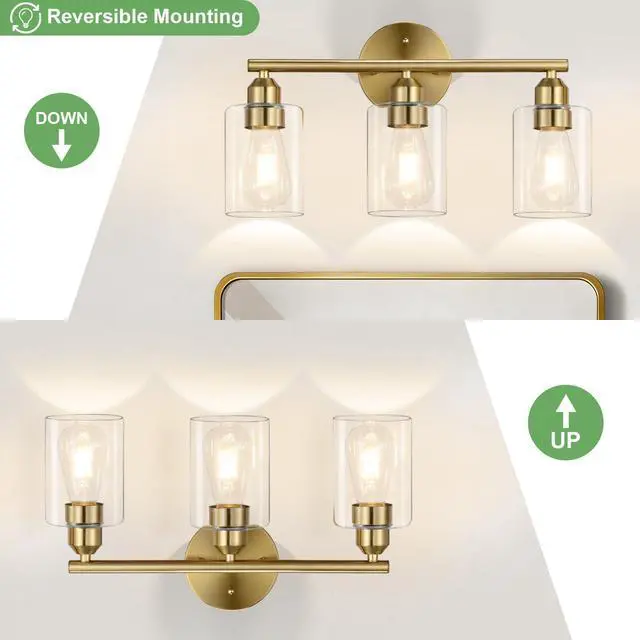 Alt view image 5 of 6 - 3-Light Bathroom Gold Vanity Light Fixtures,17.3'' | Clear Glass Shade,Modern Wall Lamp for Mirror