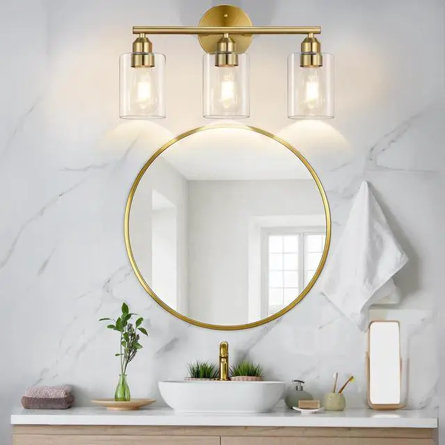 Alt view image 6 of 6 - 3-Light Bathroom Gold Vanity Light Fixtures,17.3'' | Clear Glass Shade,Modern Wall Lamp for Mirror