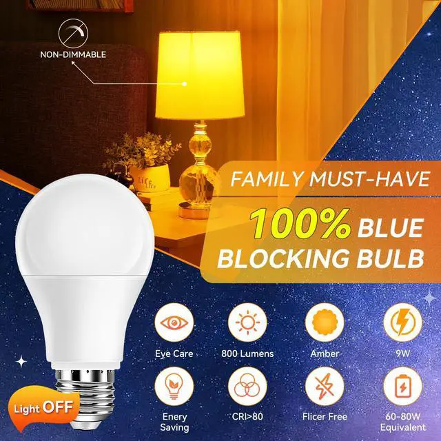 Alt view image 2 of 7 - Amber Sleep Light Bulbs 1800K 4PK, 9W 60 Watt Equivalent, 99.96% Blue Blocking Soft Warm Light Bulbs A19, Amber Night Light E26 for Bedroom and Baby Nursery Light