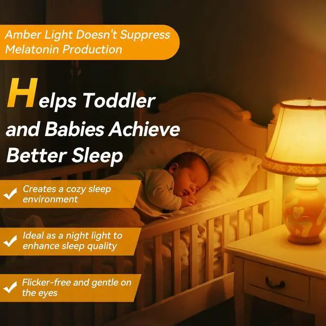 Alt view image 4 of 7 - Amber Sleep Light Bulbs 1800K 4PK, 9W 60 Watt Equivalent, 99.96% Blue Blocking Soft Warm Light Bulbs A19, Amber Night Light E26 for Bedroom and Baby Nursery Light