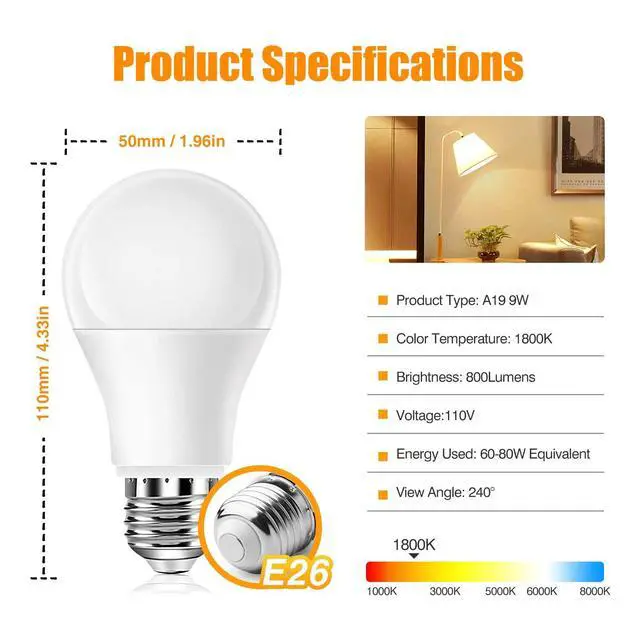Alt view image 6 of 7 - Amber Sleep Light Bulbs 1800K 4PK, 9W 60 Watt Equivalent, 99.96% Blue Blocking Soft Warm Light Bulbs A19, Amber Night Light E26 for Bedroom and Baby Nursery Light