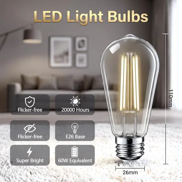 Alt view image 6 of 7 - LED Light Bulbs 60W Equivalent, 4000K Natural White, Shatterproof Clear Plastic, E26 Medium Base,CRI 90+, Glass-Look Filament Bulbs for Table Lamps, Ceiling Fixtures & Home Lighting, 6 Pack