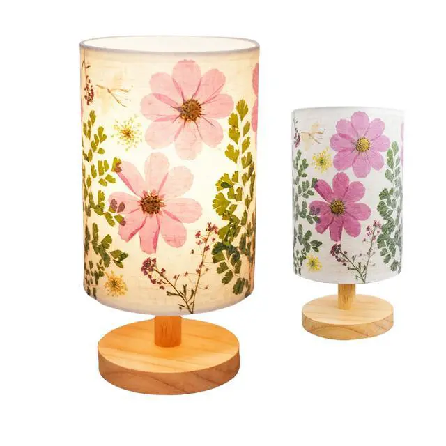 Alt view image 6 of 7 - Dried Flowers Small Table Lamp 5W LED 3-Color Bedside Lamp Pressed Flowers Lampshade with Wood Base for Bedroom Living Room Desk Nursery