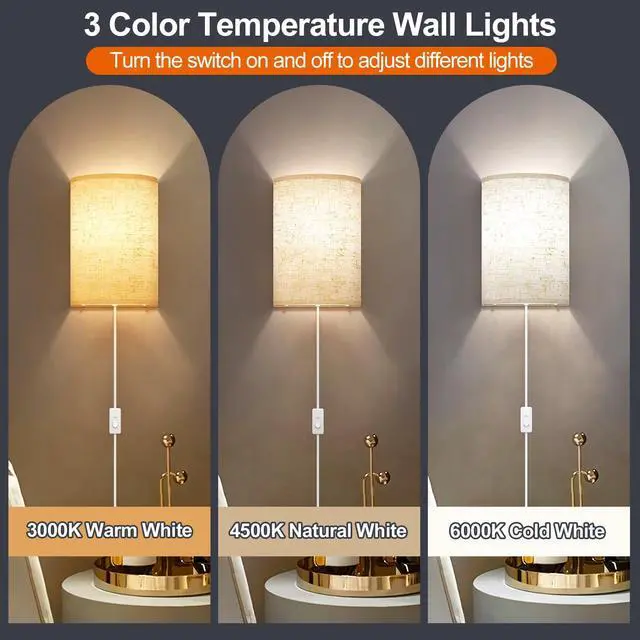 Alt view image 2 of 7 - Plug in Wall Sconces Set of Two Wall Lights with On/Off Switch | Stepless Color Temperature Wall Lamps with Fabric Linen Shade for Bedroom Living Room & Hallway- Indoor Corded Wall Decor
