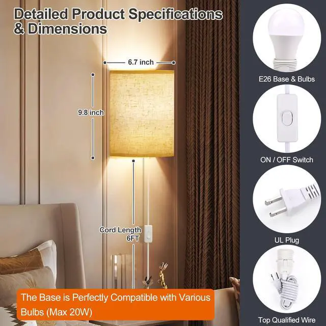 Alt view image 5 of 7 - Plug in Wall Sconces Set of Two Wall Lights with On/Off Switch | Stepless Color Temperature Wall Lamps with Fabric Linen Shade for Bedroom Living Room & Hallway- Indoor Corded Wall Decor