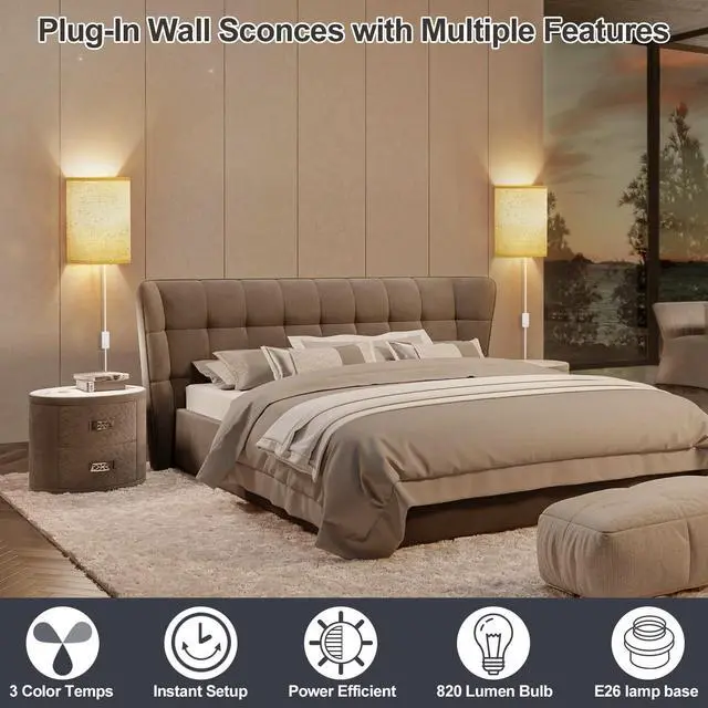 Alt view image 4 of 7 - Plug in Wall Sconces Set of Two Wall Lights with On/Off Switch | Stepless Color Temperature Wall Lamps with Fabric Linen Shade for Bedroom Living Room & Hallway- Indoor Corded Wall Decor