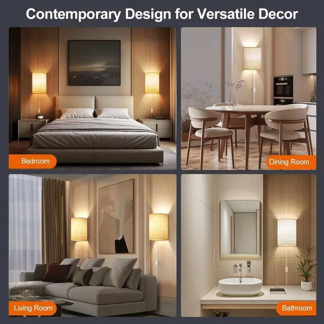 Alt view image 6 of 7 - Plug in Wall Sconces Set of Two Wall Lights with On/Off Switch | Stepless Color Temperature Wall Lamps with Fabric Linen Shade for Bedroom Living Room & Hallway- Indoor Corded Wall Decor