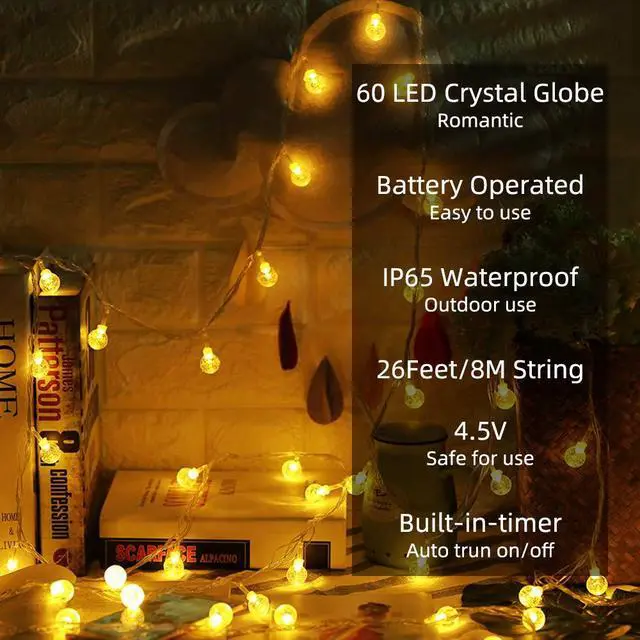 Alt view image 2 of 7 - Globe String Lights Battery Operated Fairy Light 26ft 60LED & Remote | Waterproof Indoor Outdoor Hanging String Lights Decorative Christmas Lights for Home Party Patio Garden Classroom Wedding