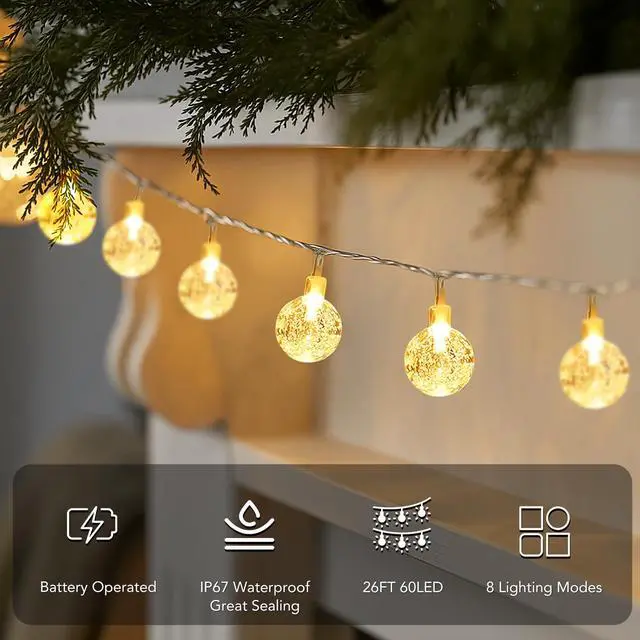 Alt view image 3 of 7 - Globe String Lights Battery Operated Fairy Light 26ft 60LED & Remote | Waterproof Indoor Outdoor Hanging String Lights Decorative Christmas Lights for Home Party Patio Garden Classroom Wedding