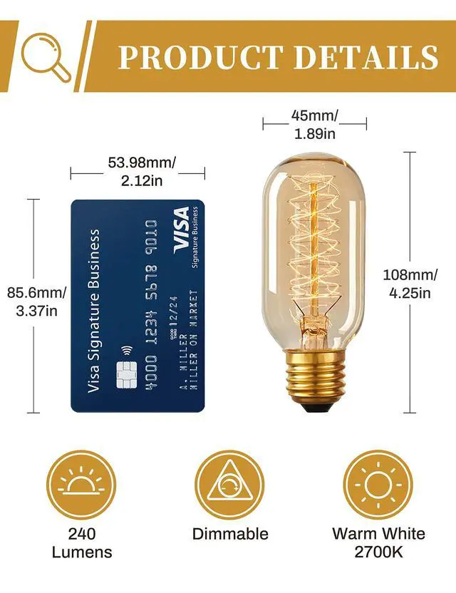 Alt view image 2 of 7 - Edison Bulbs, Light Bulbs, Incandescent, Warm White, 40 Watt | Amber Glass, T45, 110-130 Volts, E26/E27 Base Incandescent Dimmable Decorative Antique Filament Light Bulbs, 4 Packs