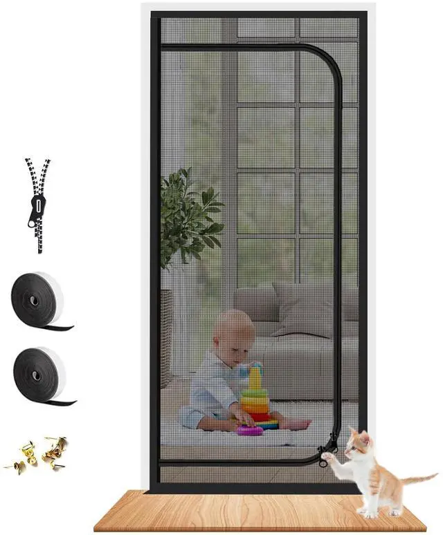Main image of Upgraded Reinforced Pet Screen Door Thickened Cat Resistant Mesh Screen Door for Living Room, Bedroom, Patio, Dog Cat Scratch Proof Screen with Zipper Closure (Fits Door Size up to 32''x 80'', Black)