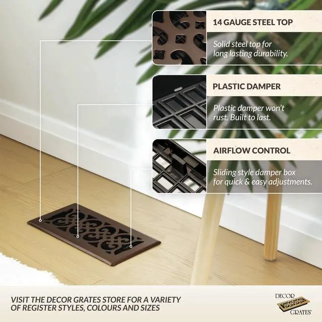 Alt view image 2 of 7 - Metal Scroll Decorative Air Vent Cover 4x10 Floor Register Adjustable Control Lever AC Floor Vent Covers for Home Floor Vents Fits 4 x 10 Inch Opening Rubbed Bronze (SPH410-RB)