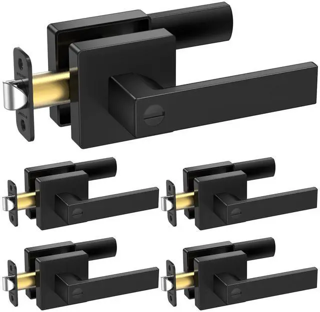 Main image of 5PK Matte Black Door Handles Interior, Reversible Square Door Levers Knob for Hallway, Bedroom, Bathroom (with Lock, 5PK Privacy)