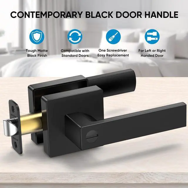 Alt view image 2 of 7 - 5PK Matte Black Door Handles Interior, Reversible Square Door Levers Knob for Hallway, Bedroom, Bathroom (with Lock, 5PK Privacy)
