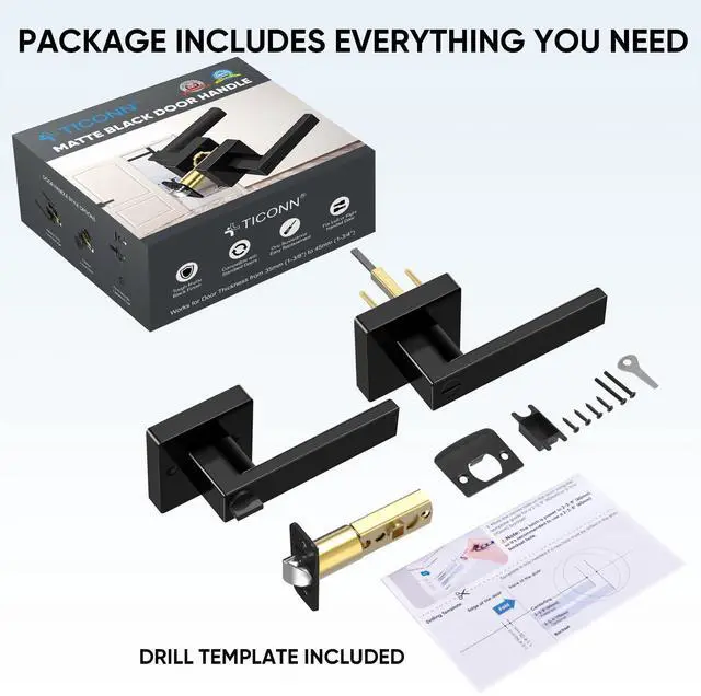 Alt view image 3 of 7 - 5PK Matte Black Door Handles Interior, Reversible Square Door Levers Knob for Hallway, Bedroom, Bathroom (with Lock, 5PK Privacy)