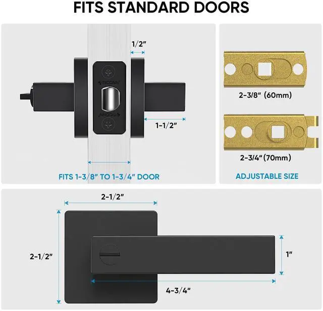 Alt view image 4 of 7 - 5PK Matte Black Door Handles Interior, Reversible Square Door Levers Knob for Hallway, Bedroom, Bathroom (with Lock, 5PK Privacy)