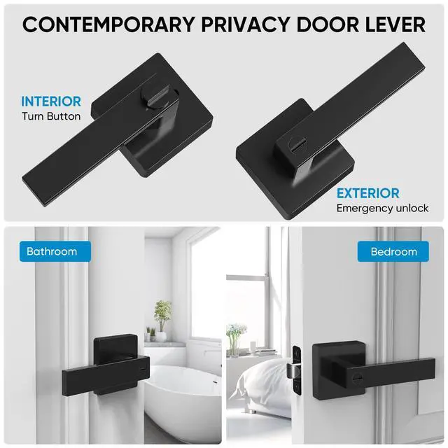 Alt view image 5 of 7 - 5PK Matte Black Door Handles Interior, Reversible Square Door Levers Knob for Hallway, Bedroom, Bathroom (with Lock, 5PK Privacy)