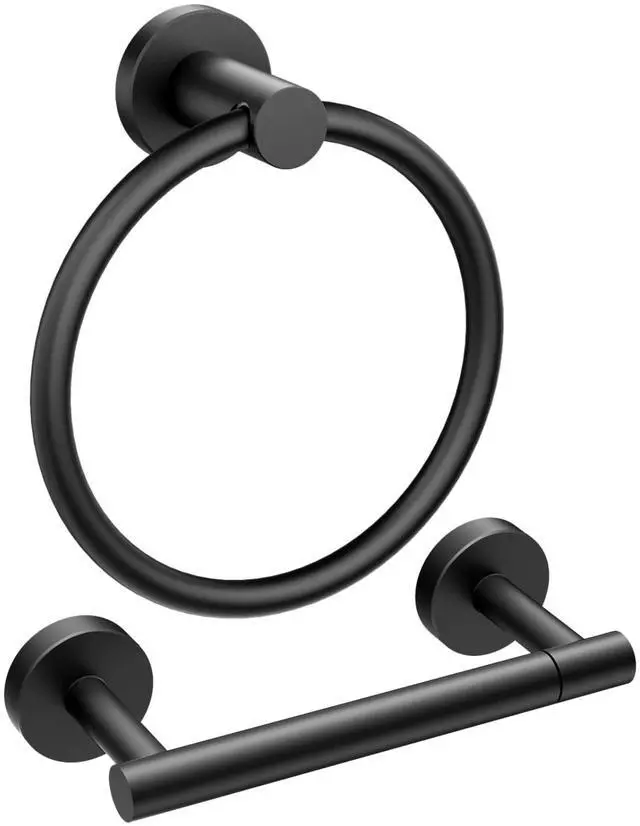Main image of Toilet Paper Holder and Towel Ring Set, Bathroom Accessories Set | Matte Black | Double Post Pivoting Toilet Paper Holder Wall Mounted and Hand Towel Ring | SUS304 Stainless Steel | Round