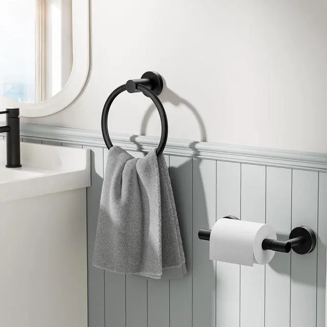 Alt view image 2 of 7 - Toilet Paper Holder and Towel Ring Set, Bathroom Accessories Set | Matte Black | Double Post Pivoting Toilet Paper Holder Wall Mounted and Hand Towel Ring | SUS304 Stainless Steel | Round