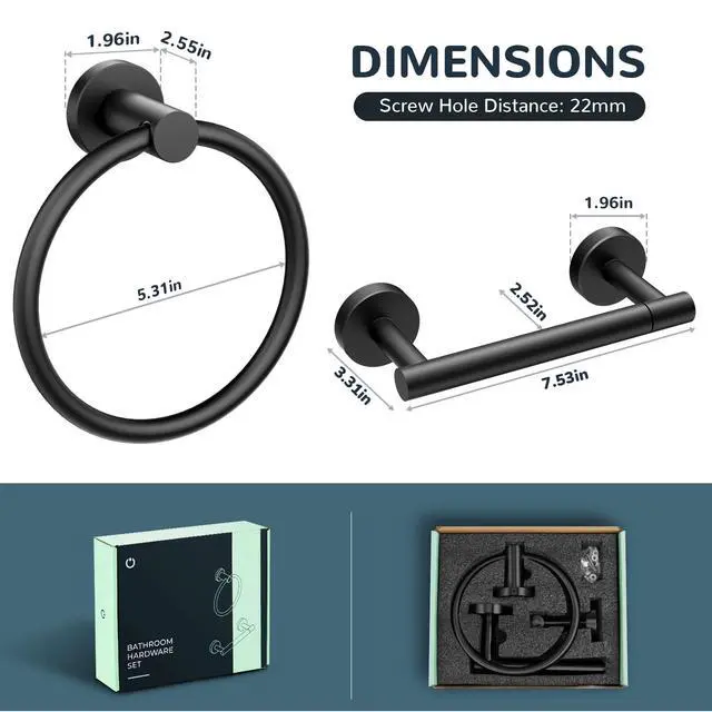 Alt view image 6 of 7 - Toilet Paper Holder and Towel Ring Set, Bathroom Accessories Set | Matte Black | Double Post Pivoting Toilet Paper Holder Wall Mounted and Hand Towel Ring | SUS304 Stainless Steel | Round