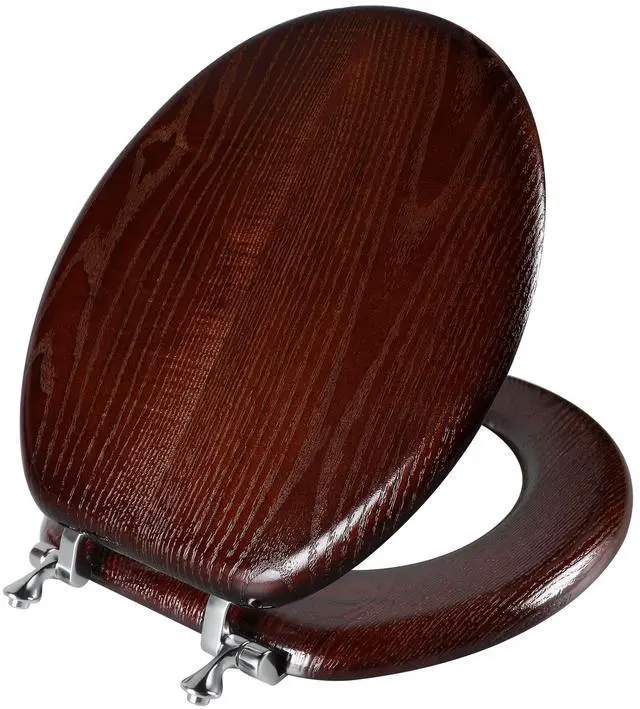 Main image of Durable Wood Veneer Natural Toilet Seat Metal Hinged Easy Clean Anti-scratch American Standard(Round,Dark Walnut)