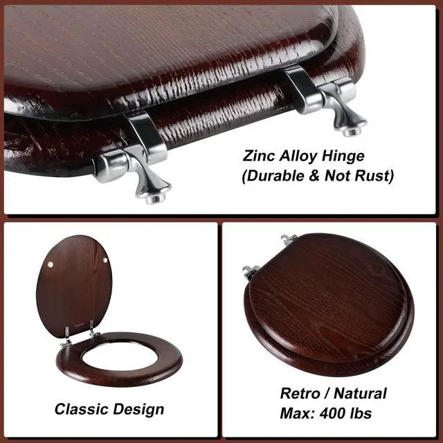 Alt view image 3 of 7 - Durable Wood Veneer Natural Toilet Seat Metal Hinged Easy Clean Anti-scratch American Standard(Round,Dark Walnut)