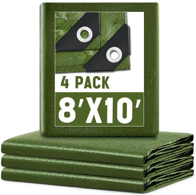 Main image of 4 Pack 8 x 10 ft 5.5 Mil Large Tarps Heavy Duty Waterproof Tarp Multi Purpose Tent Cover for Home Boats Cars Camping Patio Furniture Roof Emergency Rain Protective Cover, Army Green