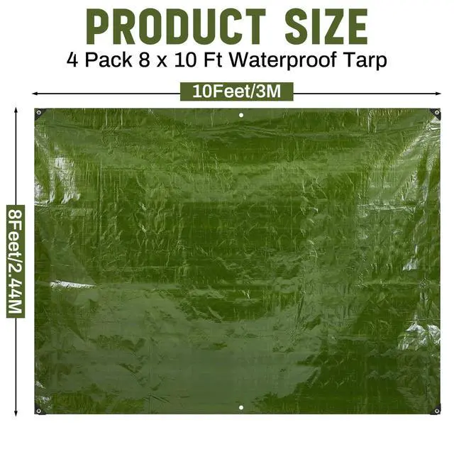 Alt view image 2 of 7 - 4 Pack 8 x 10 ft 5.5 Mil Large Tarps Heavy Duty Waterproof Tarp Multi Purpose Tent Cover for Home Boats Cars Camping Patio Furniture Roof Emergency Rain Protective Cover, Army Green