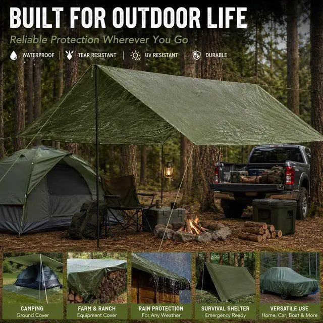 Alt view image 3 of 7 - 4 Pack 8 x 10 ft 5.5 Mil Large Tarps Heavy Duty Waterproof Tarp Multi Purpose Tent Cover for Home Boats Cars Camping Patio Furniture Roof Emergency Rain Protective Cover, Army Green