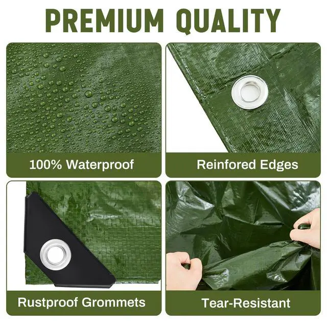 Alt view image 4 of 7 - 4 Pack 8 x 10 ft 5.5 Mil Large Tarps Heavy Duty Waterproof Tarp Multi Purpose Tent Cover for Home Boats Cars Camping Patio Furniture Roof Emergency Rain Protective Cover, Army Green