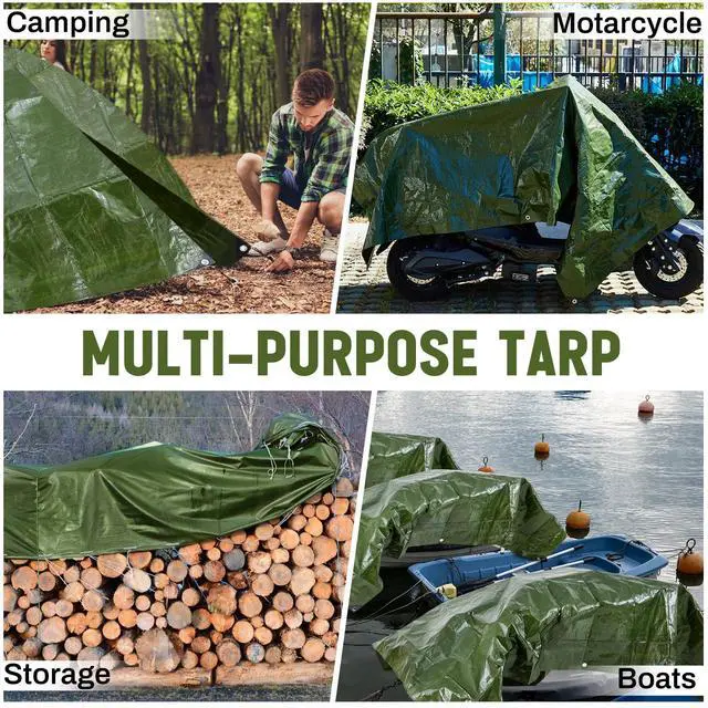 Alt view image 7 of 7 - 4 Pack 8 x 10 ft 5.5 Mil Large Tarps Heavy Duty Waterproof Tarp Multi Purpose Tent Cover for Home Boats Cars Camping Patio Furniture Roof Emergency Rain Protective Cover, Army Green