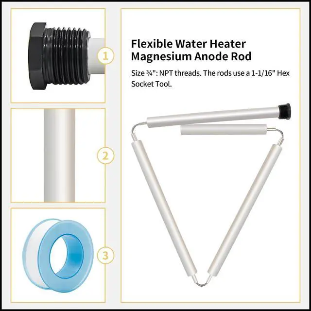 Alt view image 2 of 7 - 44" Flexible Magnesium Anode Rod, Hot Water Heater Anode Rod Replace for GE, Rheem, Reliance, Richmond, Kenmore Water Heater Including 1-1/16" Hex Socket Tool and Teflon Tape