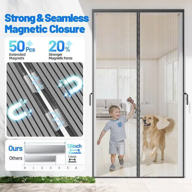 Alt view image 4 of 7 - Heavy Duty Magnetic Screen Door Mesh, Door Net Screen with 50 Magnets | Pet & Kid Friendly, Auto-Sealing PET Fine Mesh Doors Screen Keep Bugs Out Fits Front Doors Size 36"x82" - Screen Size 38"x84"