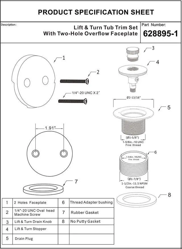 Alt view image 6 of 6 - Champagne Bronze Lift & Turn Tub Trim Set with Two-Hole Overflow Faceplate and No Putty Gasket, Bathtub Conversion Kit Assembly with Universal Fine/Coarse Thread, No Putty Installation by