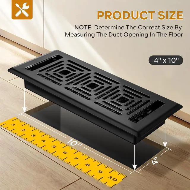 Alt view image 2 of 6 - Floor Register 4x10, Heavy Duty Walkable Steel Floor Vent Covers, Easy Adjust Air Flow Direction Floor Registers, Black Floor Vents, Boston Style Air Vents for Home, 6 Pack