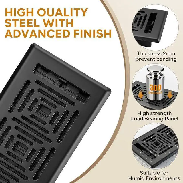 Alt view image 3 of 6 - Floor Register 4x10, Heavy Duty Walkable Steel Floor Vent Covers, Easy Adjust Air Flow Direction Floor Registers, Black Floor Vents, Boston Style Air Vents for Home, 6 Pack