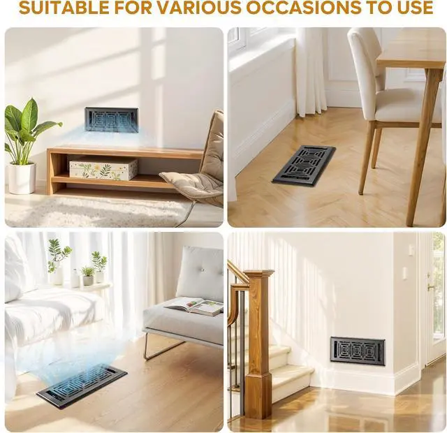 Alt view image 5 of 6 - Floor Register 4x10, Heavy Duty Walkable Steel Floor Vent Covers, Easy Adjust Air Flow Direction Floor Registers, Black Floor Vents, Boston Style Air Vents for Home, 6 Pack