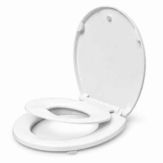 Main image of Round Toilet Seat with Child Seat, 16.5 Inch, White | Soft Close Toilet Seat with No-Touch Handle, Quick Release, Non-Slip, Durable PP