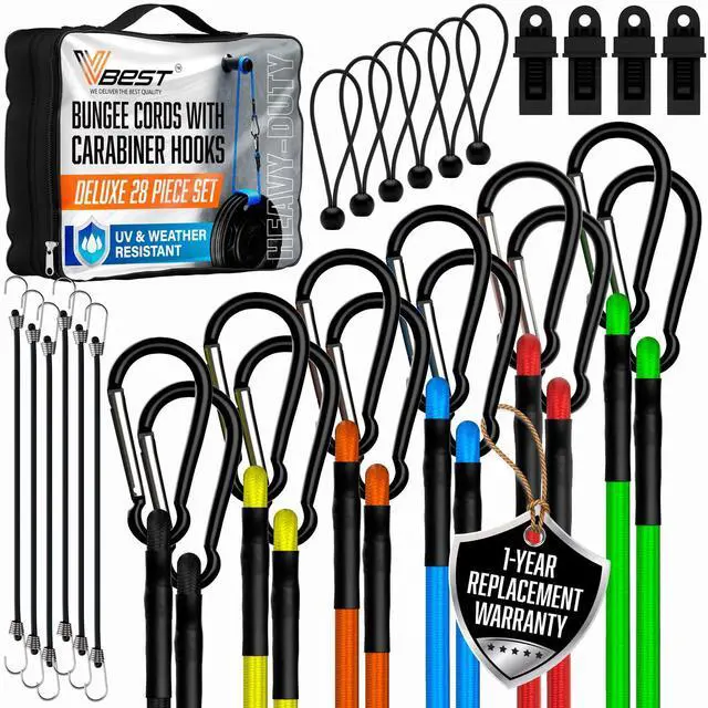 Main image of Bungee Cords with Hooks 28Pcs Set - Heavy Duty Outdoor Assorted Sizes | 28 piece carabiner bungee cord set with tarp clips, ball bungees and storage bag, UV and weather resistant, 200 lb strength