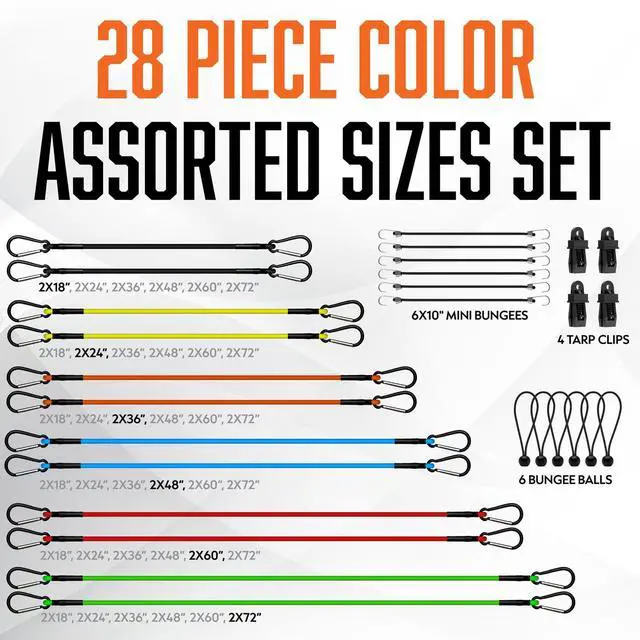Alt view image 6 of 7 - Bungee Cords with Hooks 28Pcs Set - Heavy Duty Outdoor Assorted Sizes | 28 piece carabiner bungee cord set with tarp clips, ball bungees and storage bag, UV and weather resistant, 200 lb strength
