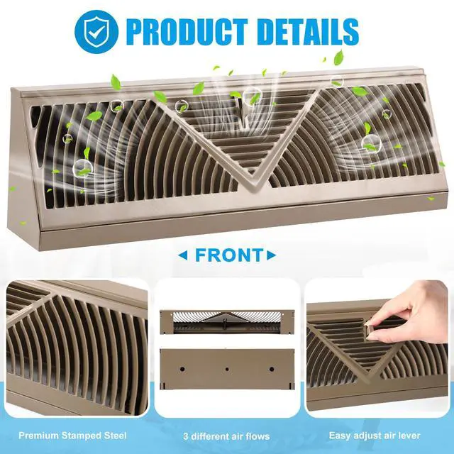 Alt view image 3 of 6 - 2 Pack Baseboard Register Vent 18 Inch Duct Opening Size Vent Covers for Home Floor Diffuser Wall Corner Baseboard Air Covers, Smooth Air Adjust Lever, Easy Install, Brown