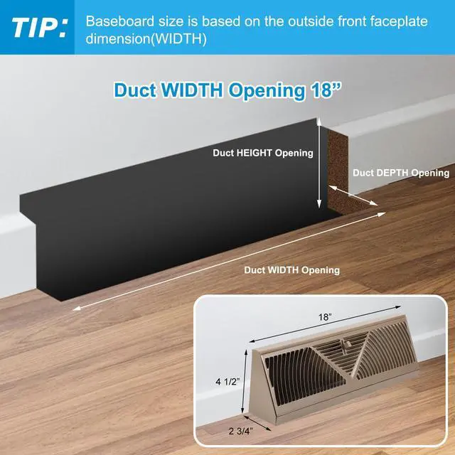Alt view image 2 of 6 - 2 Pack Baseboard Register Vent 18 Inch Duct Opening Size Vent Covers for Home Floor Diffuser Wall Corner Baseboard Air Covers, Smooth Air Adjust Lever, Easy Install, Brown