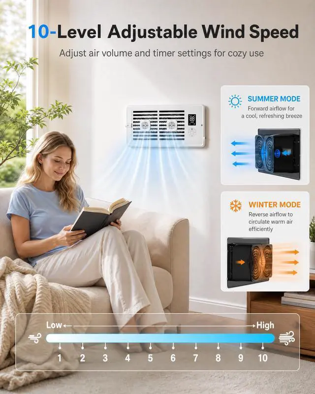 Alt view image 2 of 7 - Register Booster Fan, 4 x 10 Inch Quiet Vent Fan with Remote Control, 10 Speed & 3 Modes Thermostat Controlled Vent Booster, Built-In Display, Removable Front Cover for Floor Wall HVAC Vents, White