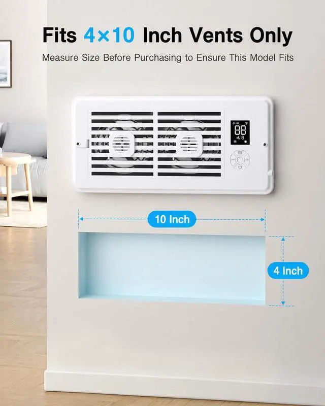 Alt view image 3 of 7 - Register Booster Fan, 4 x 10 Inch Quiet Vent Fan with Remote Control, 10 Speed & 3 Modes Thermostat Controlled Vent Booster, Built-In Display, Removable Front Cover for Floor Wall HVAC Vents, White