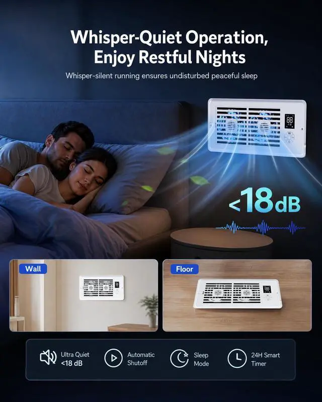 Alt view image 4 of 7 - Register Booster Fan, 4 x 10 Inch Quiet Vent Fan with Remote Control, 10 Speed & 3 Modes Thermostat Controlled Vent Booster, Built-In Display, Removable Front Cover for Floor Wall HVAC Vents, White