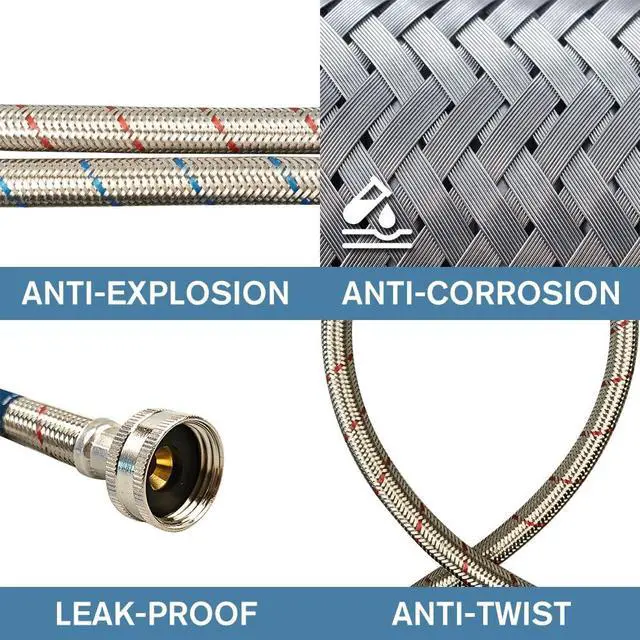 Alt view image 6 of 7 - 10FT Stainless Steel Washing Machine Hoses with 90 Degree Elbows,2 Pack Red and Blue Washer Hoses,Burst Proof Hot & Cold Water Connection Inlet Washer Supply Lines