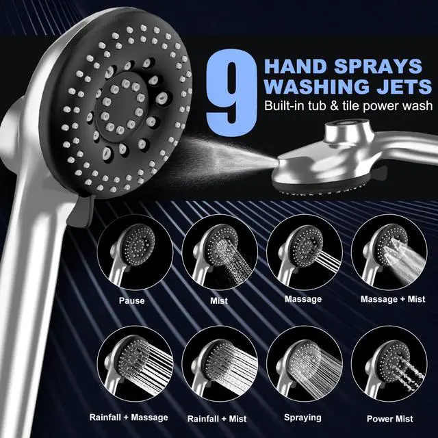 Alt view image 3 of 7 - 12 Inch High Pressure Rainfall Shower Head Combo,9 Settings Handheld Shower | Height/Angle Adjustable, 3 Spray Modes, Anti-leak, Built-in Magnetic Docking,Washing Jets,Holder, 59" Shower Hose, 1.75GPM