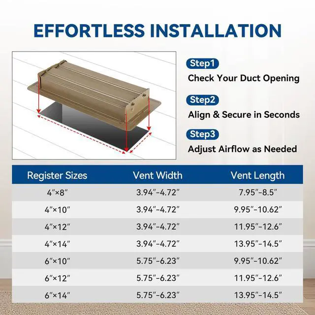 Alt view image 2 of 7 - 4" x 12" Floor Register Vent Covers 4-Pack, Brown, Steel Floor Vent | Walkable Powder-Coated Metal Vent Covers with Adjustable Airflow, Curved Safe Edges for Home Floor