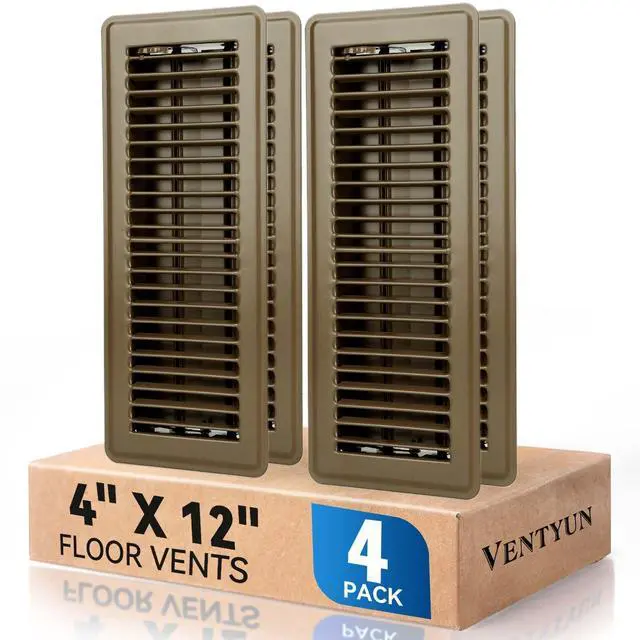 Main image of 4" x 12" Floor Register Vent Covers 4-Pack, Brown, Steel Floor Vent | Walkable Powder-Coated Metal Vent Covers with Adjustable Airflow, Curved Safe Edges for Home Floor