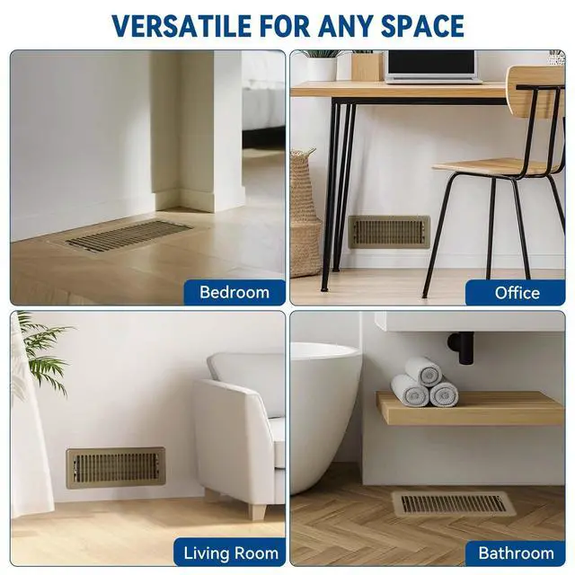 Alt view image 7 of 7 - 4" x 12" Floor Register Vent Covers 4-Pack, Brown, Steel Floor Vent | Walkable Powder-Coated Metal Vent Covers with Adjustable Airflow, Curved Safe Edges for Home Floor